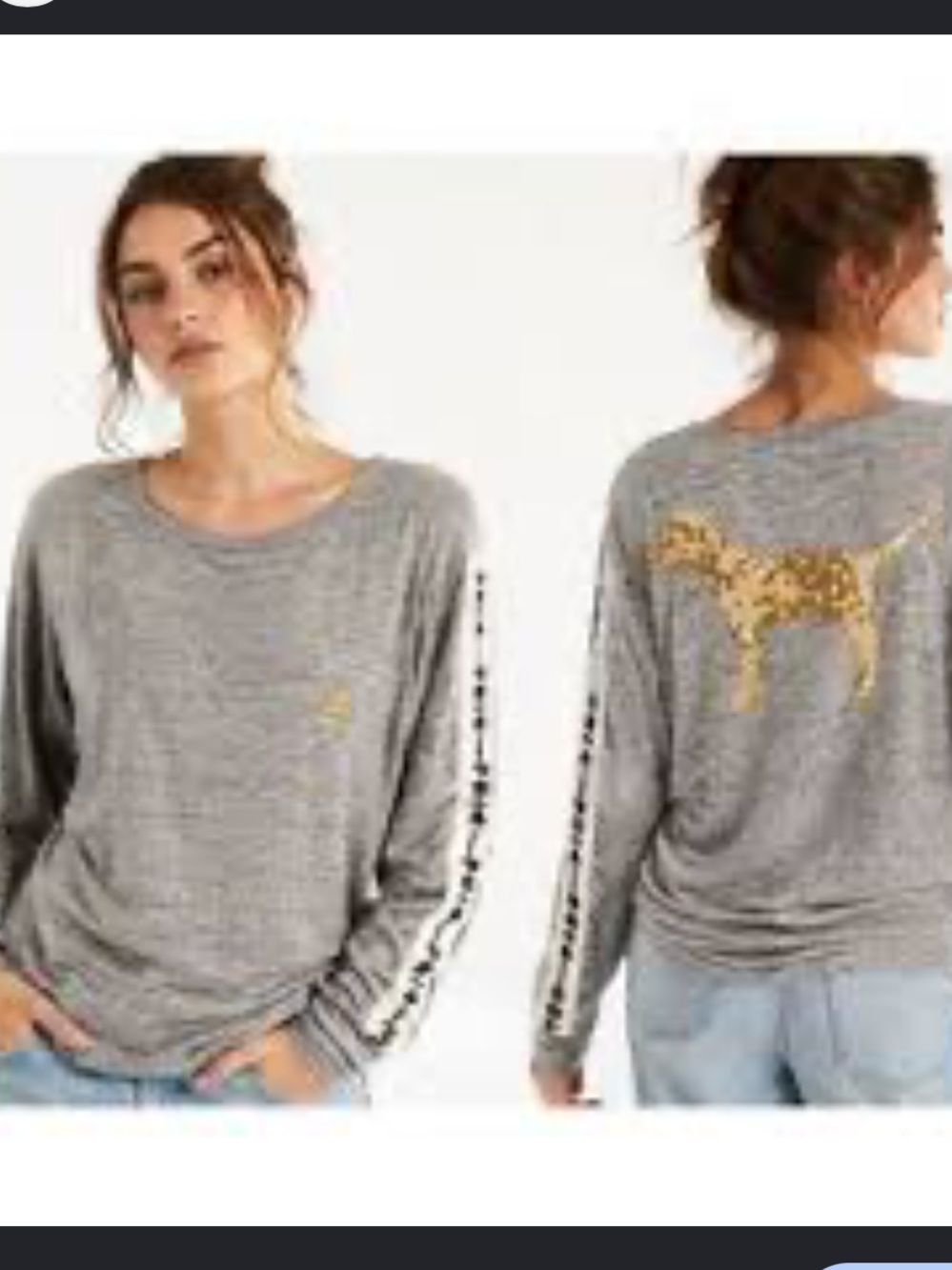 Victorias Secret PINK Gold Bling Sequined Dog Logo Long sleeve tee shirt XL
